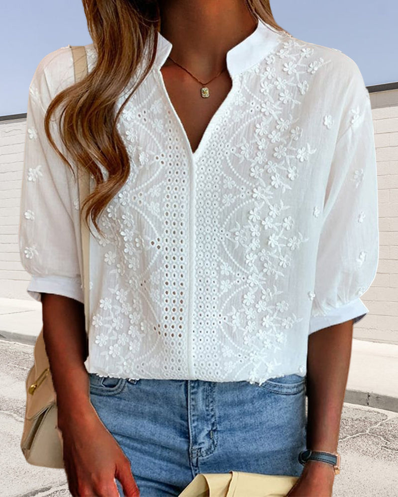 Women's Floral Embroidered Puff Sleeve Blouse
