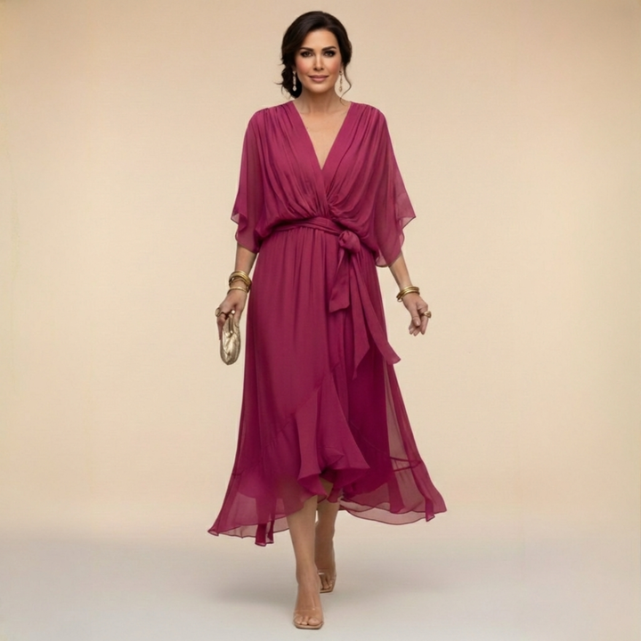 Women's Wrap Midi Dress with Kimono Sleeves