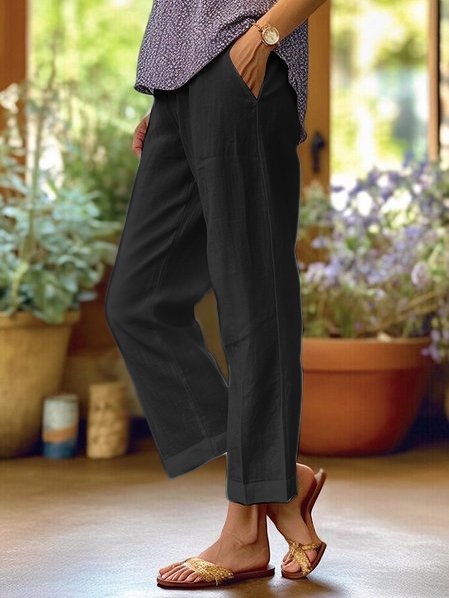 Women's Linen Cropped Pants with Cuffed Hem