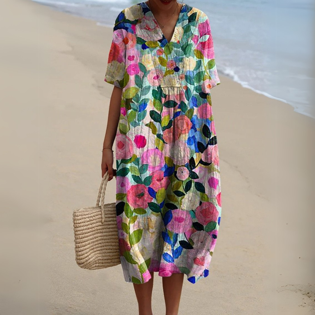 Women's Floral V-Neck Short Sleeve Maxi Dress