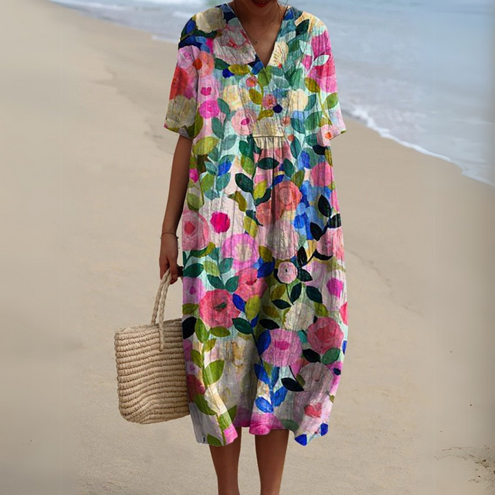 Women's Floral V-Neck Short Sleeve Maxi Dress