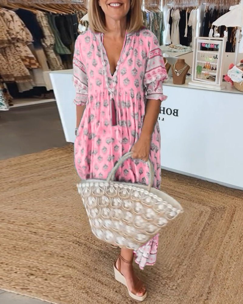 Boho Print V-Neck Midi Dress