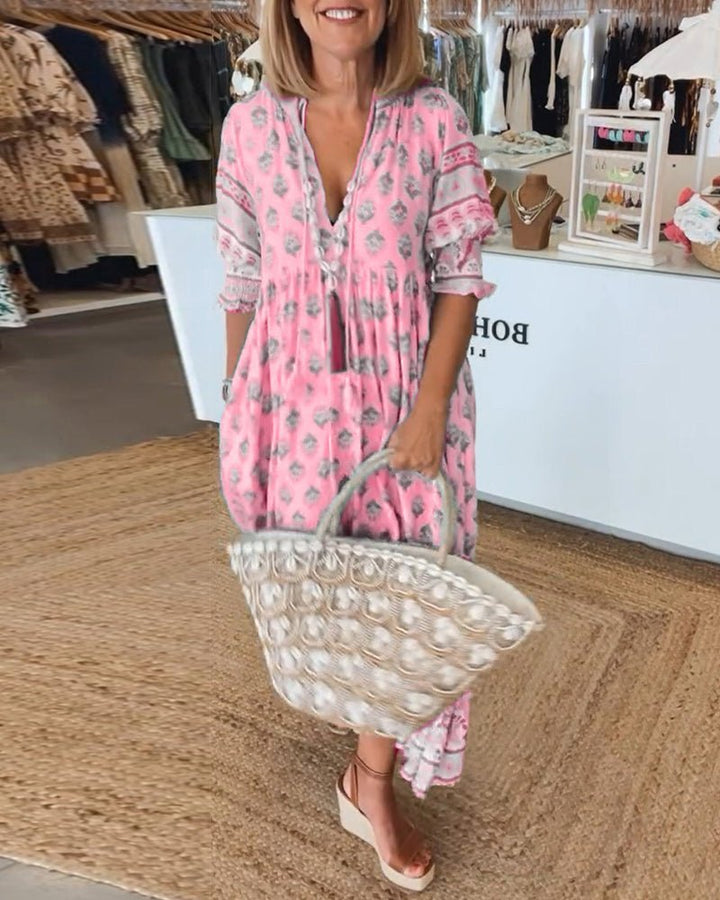 Boho Print V-Neck Midi Dress