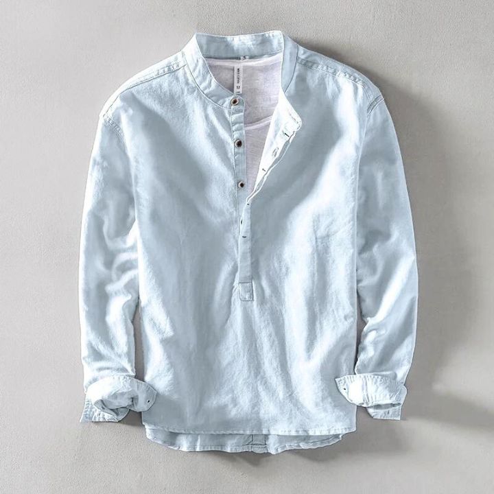 Men's Linen Blend Popover Shirt with Band Collar