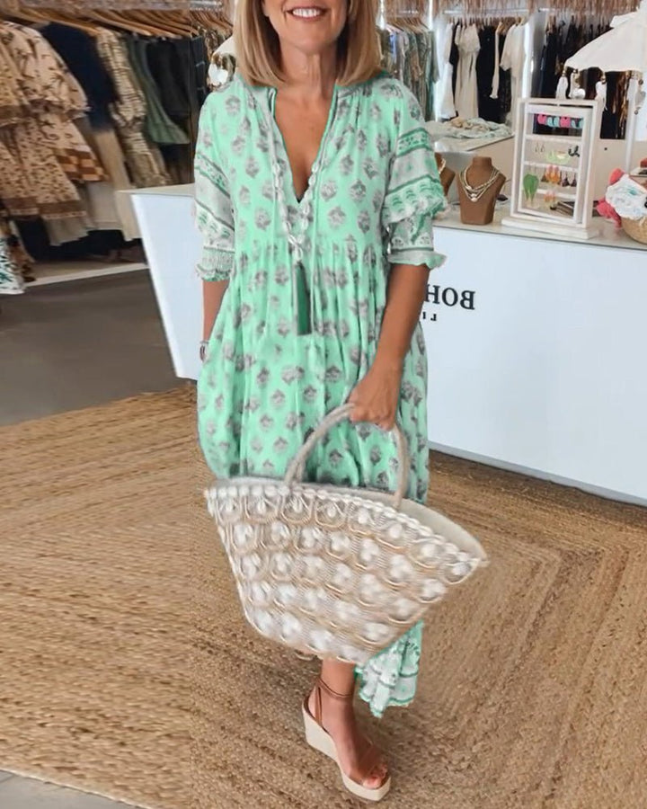 Boho Print V-Neck Midi Dress