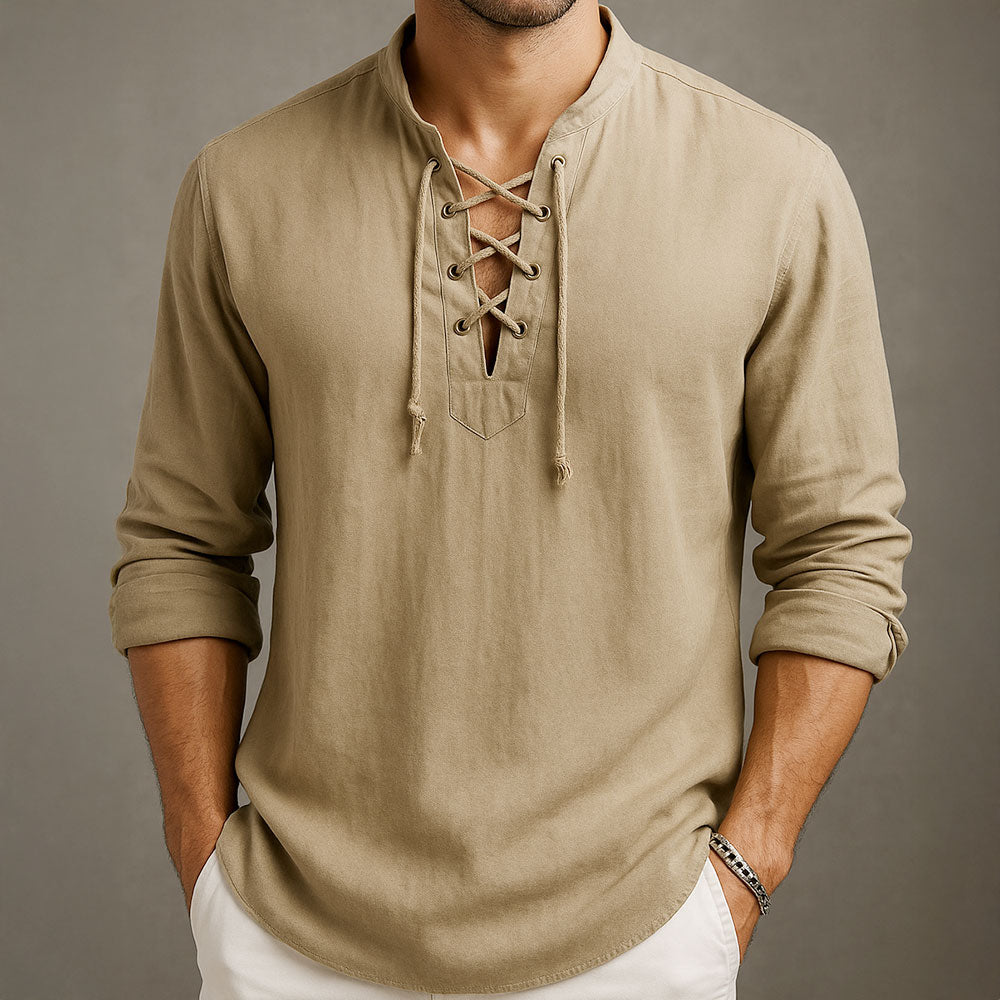 Men's Cotton Lace-Up Shirt with Band Collar