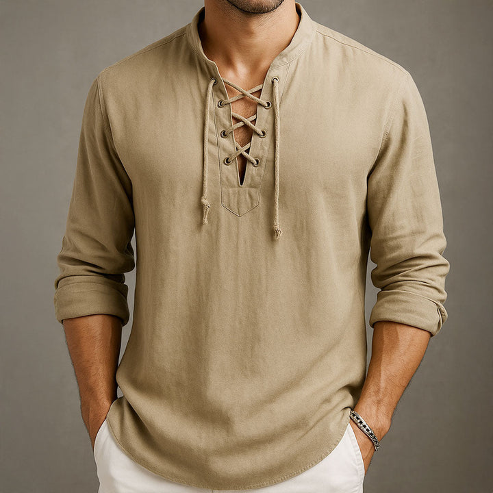 Men's Cotton Lace-Up Shirt with Band Collar