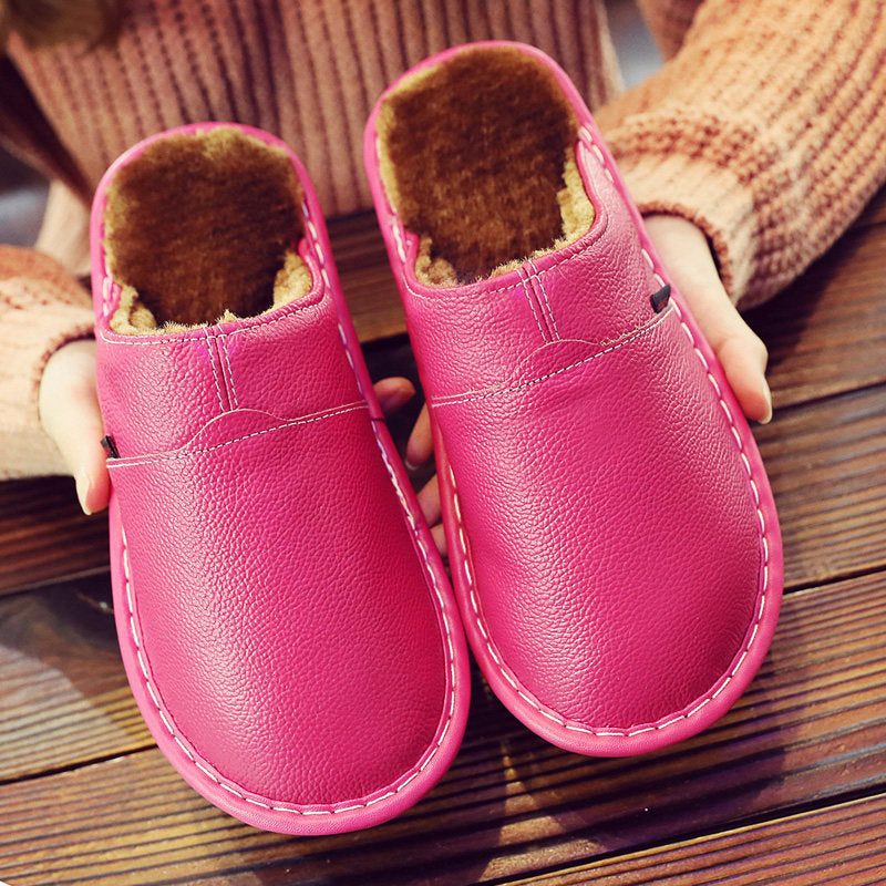 Women's Leather Fur-Lined Slippers with Waterproof Sole