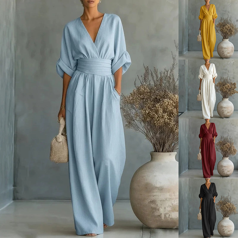 Women's Linen Wrap V-Neck Wide-Leg Jumpsuit