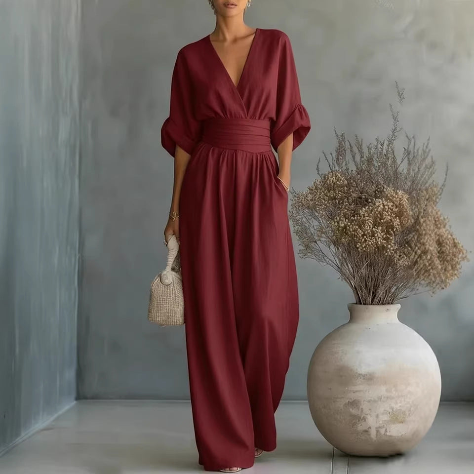 Women's Linen Wrap V-Neck Wide-Leg Jumpsuit