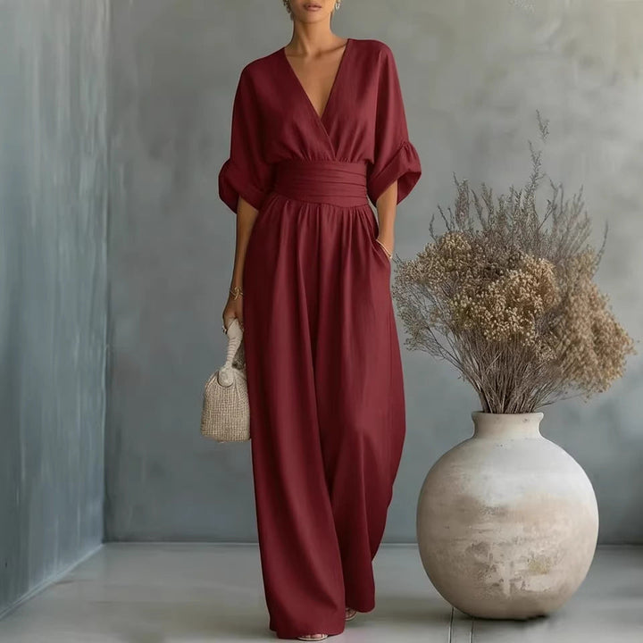 Women's Linen Wrap V-Neck Wide-Leg Jumpsuit