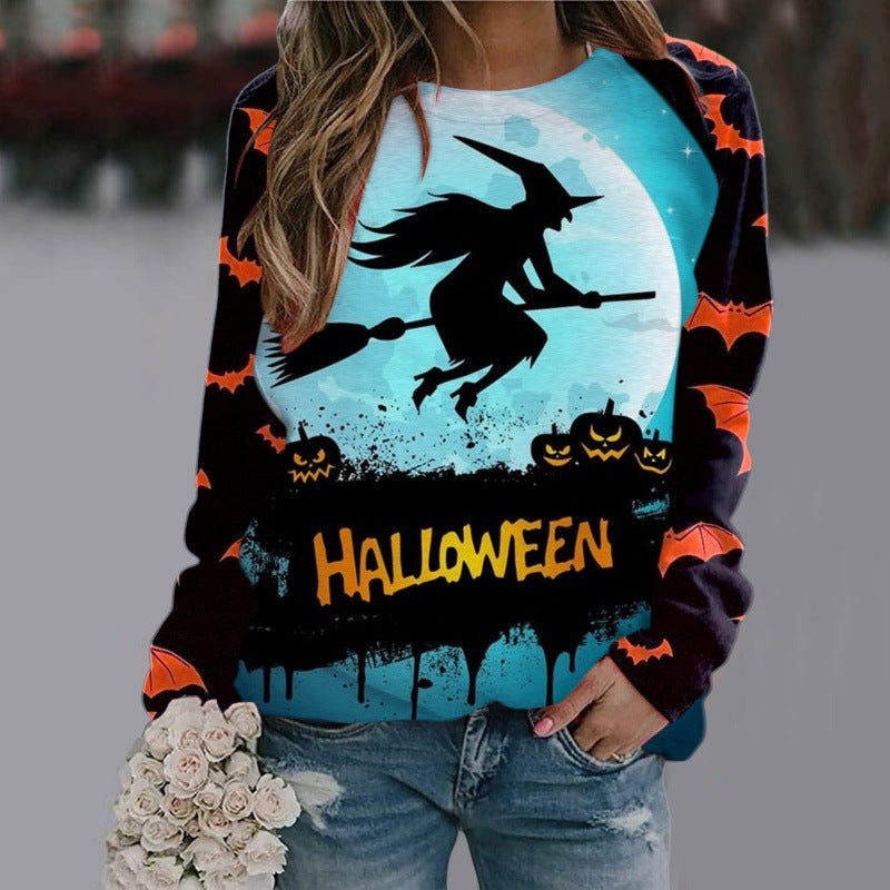 Women's Halloween Witch Print Jumper with Bat Sleeves