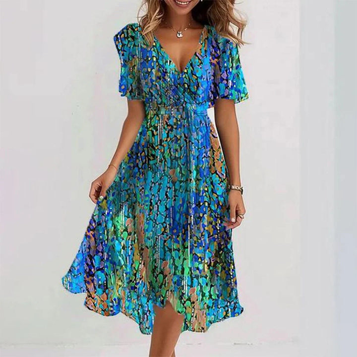 Women's Floral Wrap Midi Dress with Flutter Sleeves
