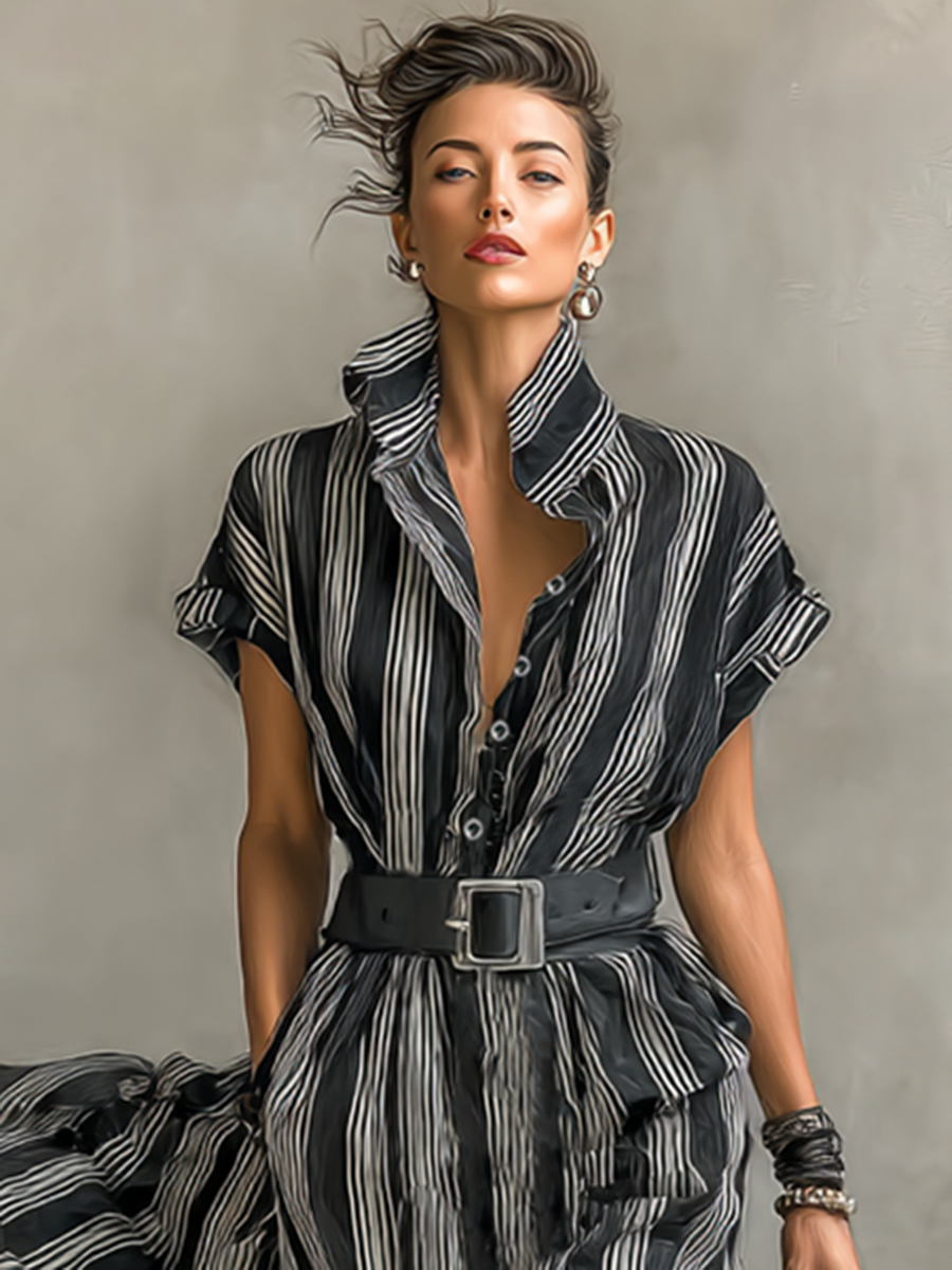 Women's Striped Belted Shirt Maxi Dress