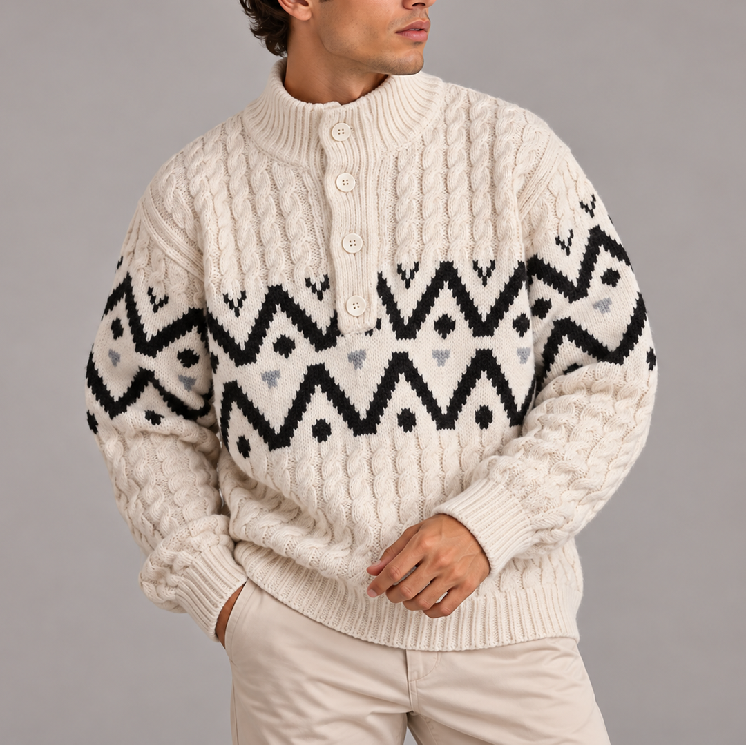 Men's Nordic Cable Knit Jumper with Button Neck