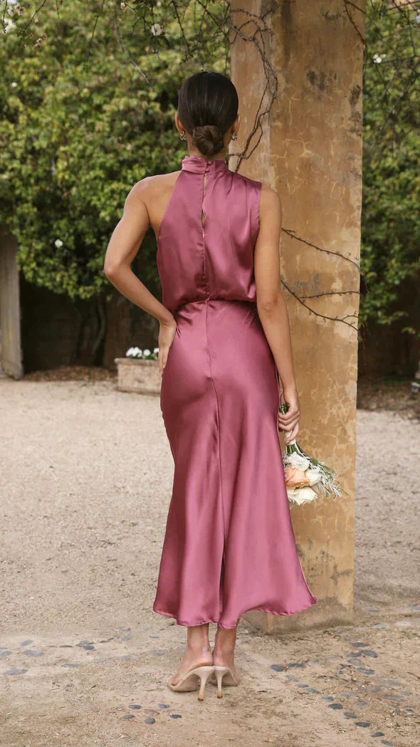 Alessia | Satin High Neck Wedding Guest Dress