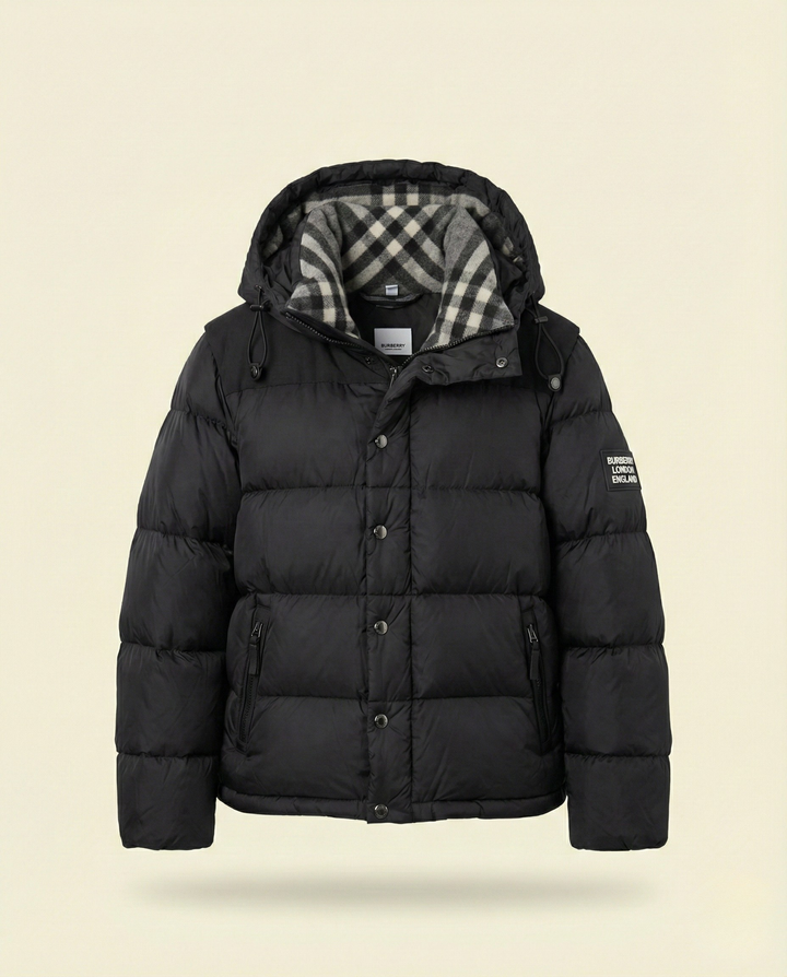 Men's Quilted Puffer Jacket with Hood in Black