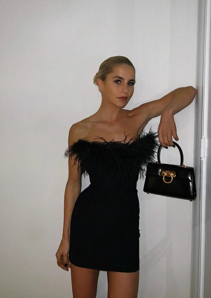 Viviana | Feather Trim Evening Mini Dress