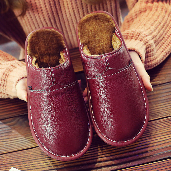 Women's Leather Fur-Lined Slippers with Waterproof Sole