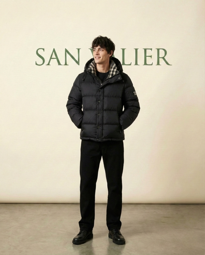 Men's Quilted Puffer Jacket with Hood in Black