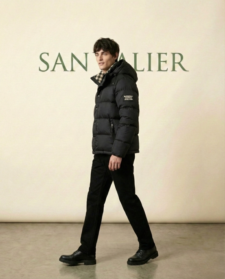 Men's Quilted Puffer Jacket with Hood in Black