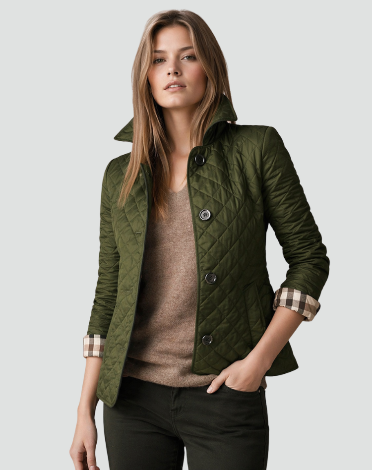 Women's Quilted Button Front Jacket with Structured Collar