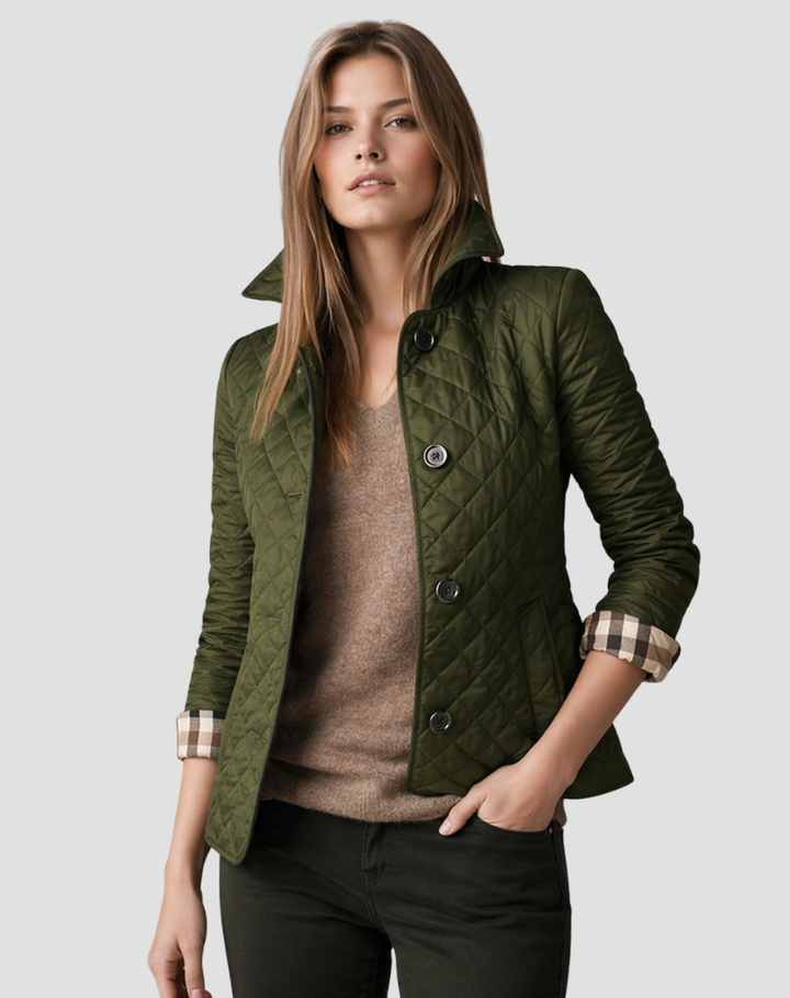Women's Quilted Button Front Jacket with Structured Collar