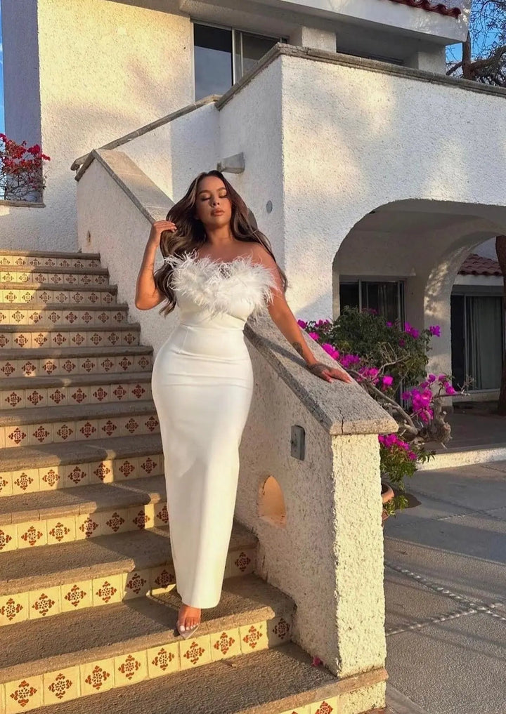 Aurora | Feather Trim Evening Maxi Dress