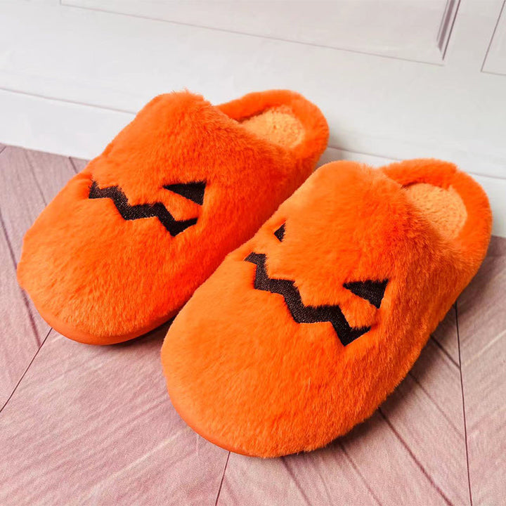 Women's Plush Pumpkin Halloween Slippers with Face Cutout