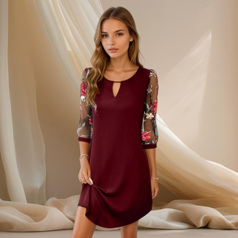 Emily | Embroidered Mesh Sleeve Shift Mini Dress