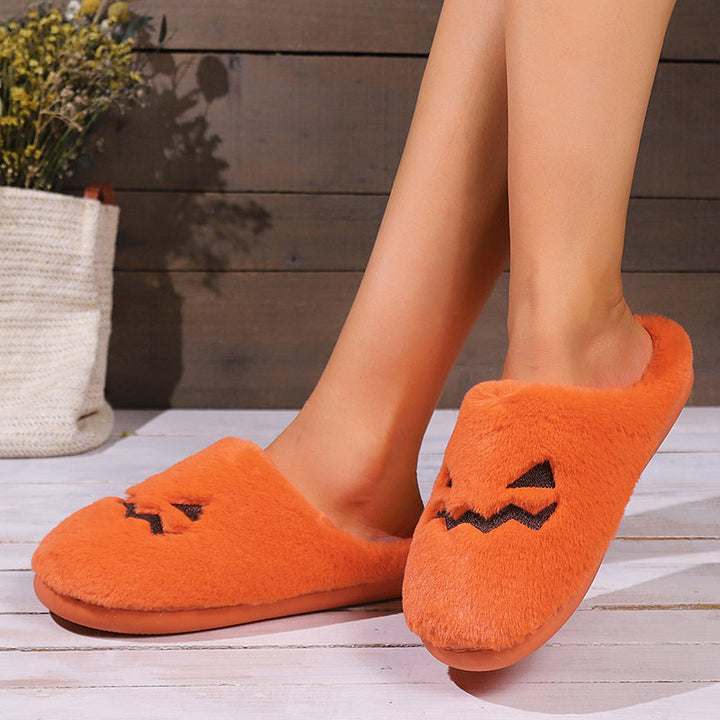 Women's Plush Pumpkin Halloween Slippers with Face Cutout