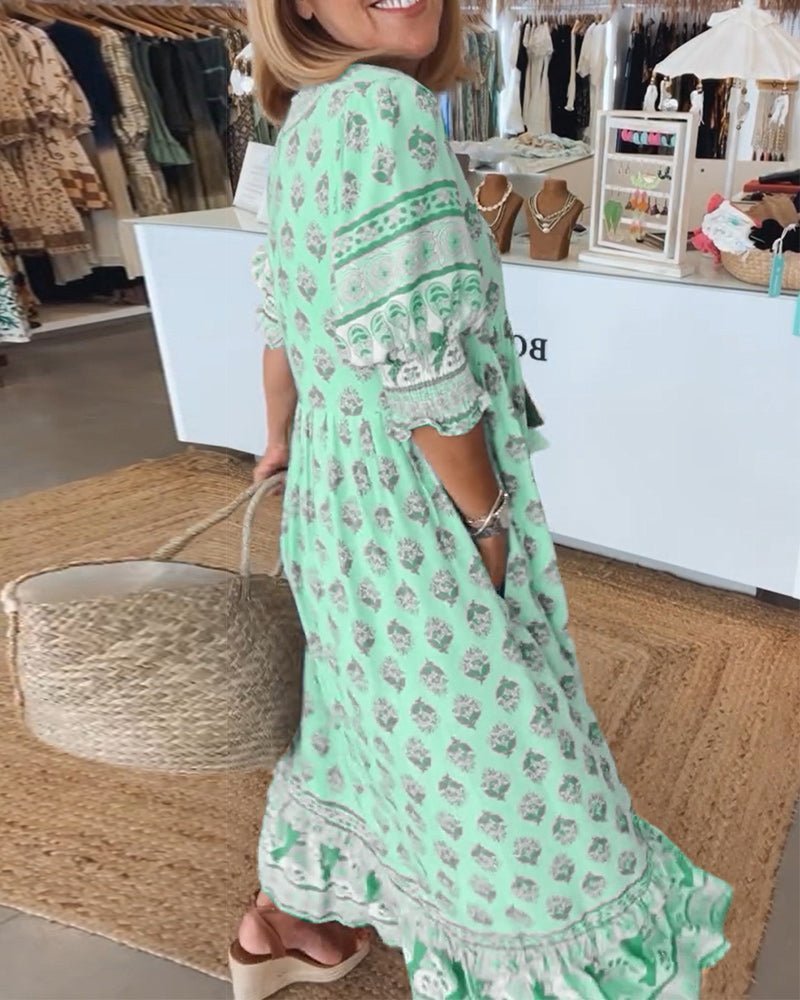 Boho Print V-Neck Midi Dress