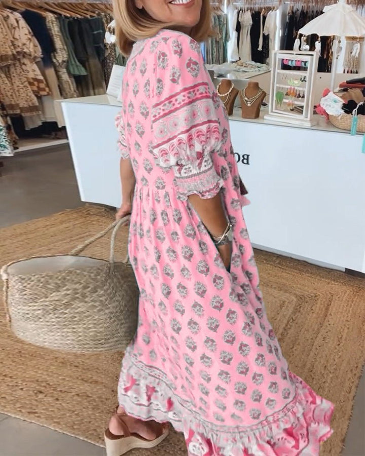 Boho Print V-Neck Midi Dress