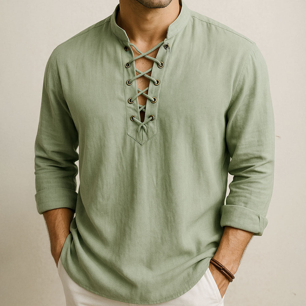 Men's Cotton Lace-Up Shirt with Band Collar
