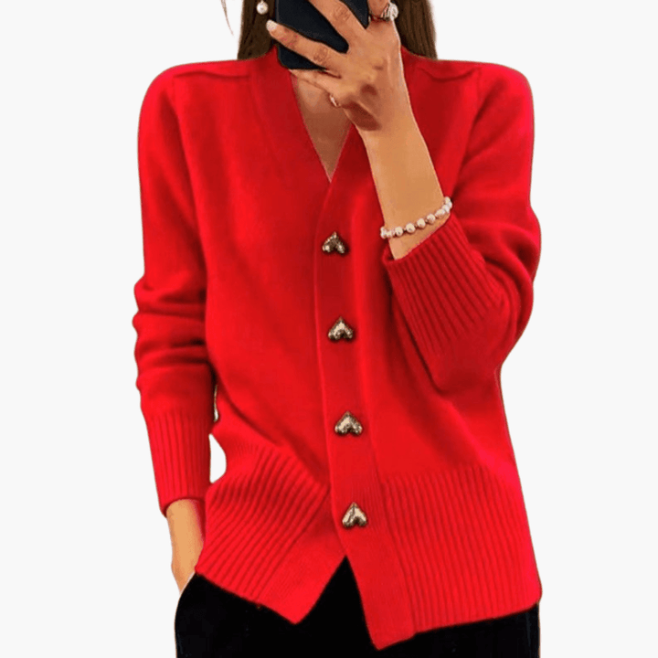 Amelia | Heart Button V Neck Knit Cardigan