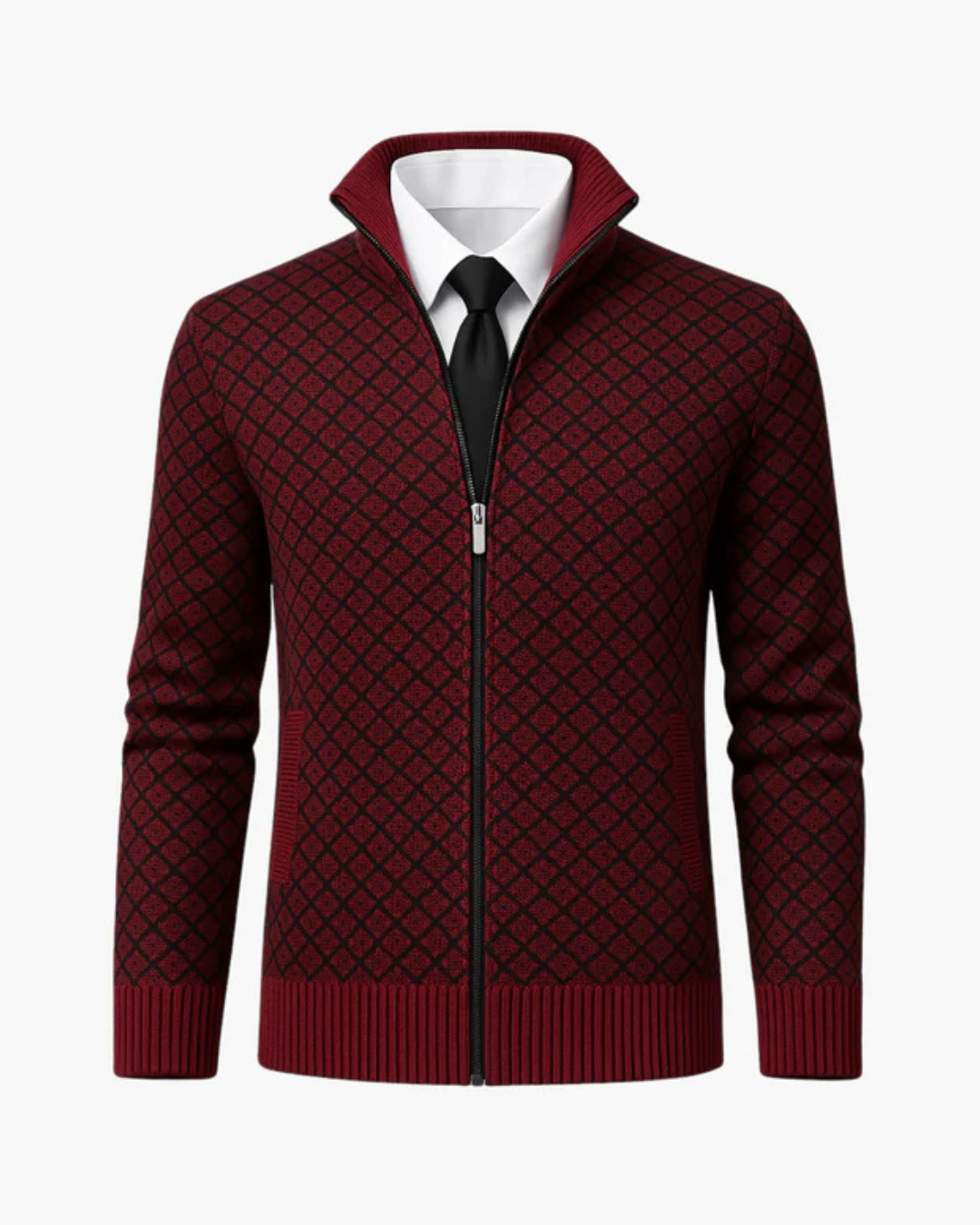Men's Knit Zip Jacket with Diamond Pattern