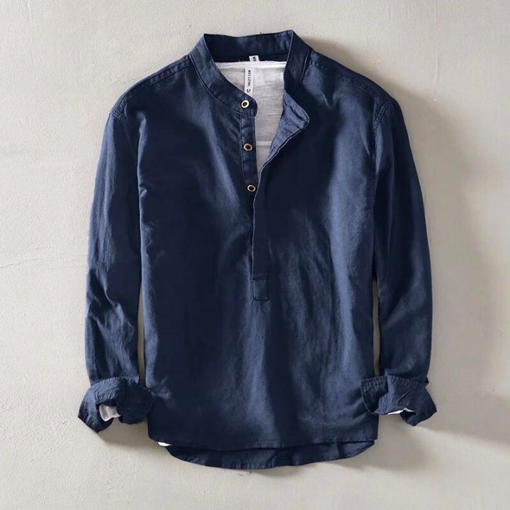 Men's Linen Blend Popover Shirt with Band Collar
