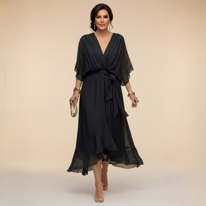 Women's Wrap Midi Dress with Kimono Sleeves