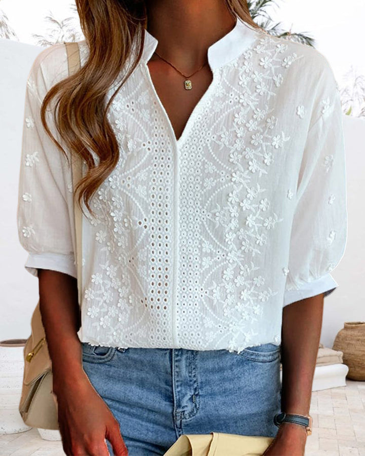 Women's Floral Embroidered Puff Sleeve Blouse