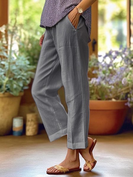 Women's Linen Cropped Pants with Cuffed Hem