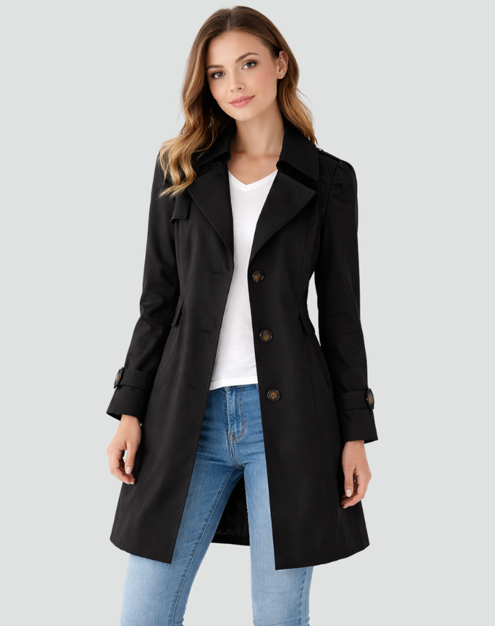 Women's Fitted Mid-Length Trench Coat with Lapel Collar