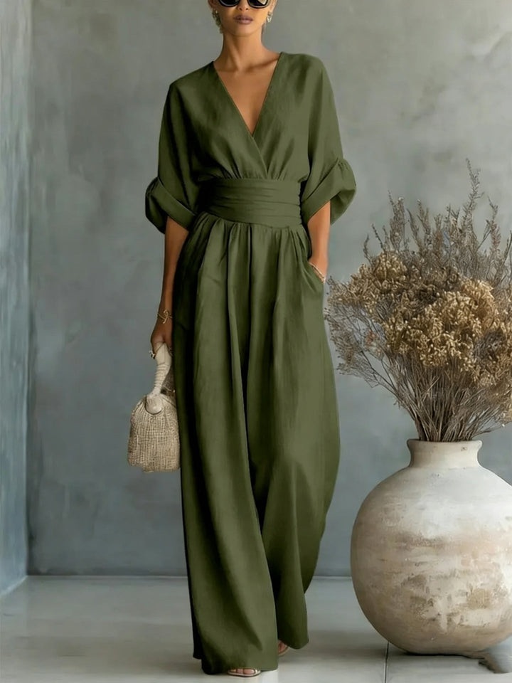 Women's Linen Wrap V-Neck Wide-Leg Jumpsuit
