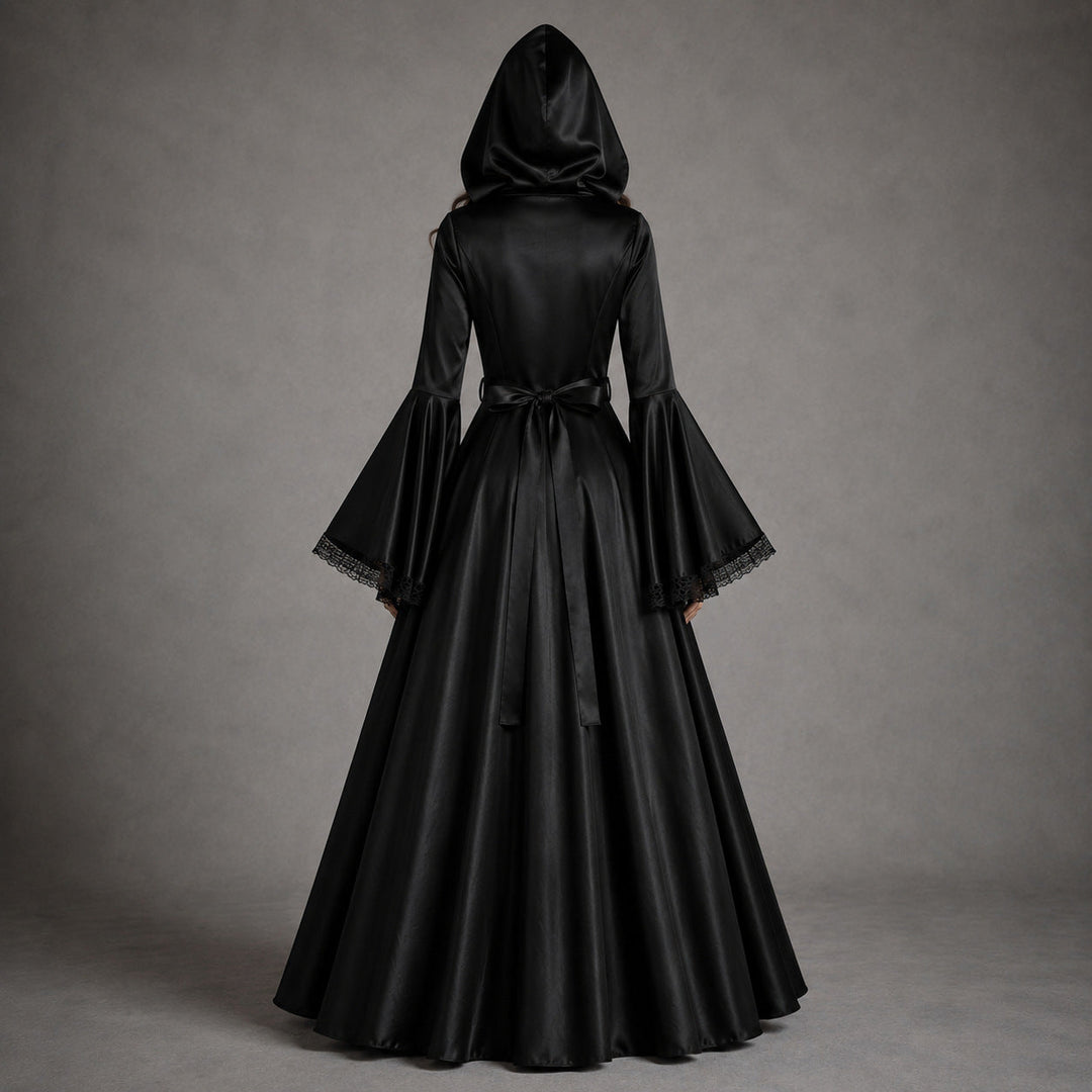 Women's Hooded Witch Halloween Costume Dress with Laced Corset Front