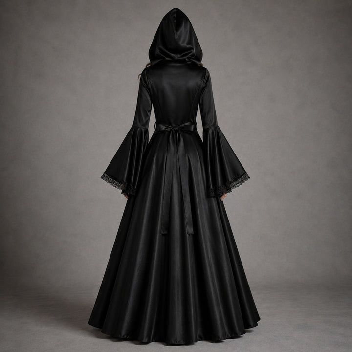 Women's Hooded Witch Halloween Costume Dress with Laced Corset Front