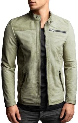Men's Distressed Leather Jacket with Stand Collar