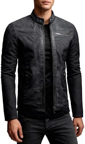 Men's Distressed Leather Jacket with Stand Collar