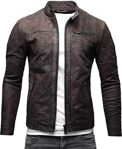 Men's Distressed Leather Jacket with Stand Collar