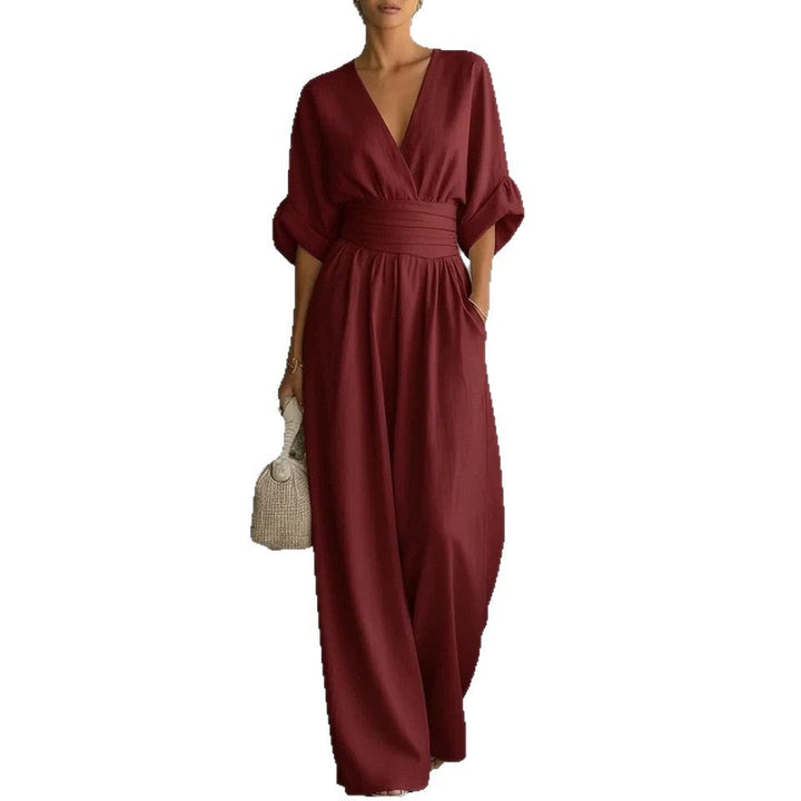 Women's Linen Wrap V-Neck Wide-Leg Jumpsuit