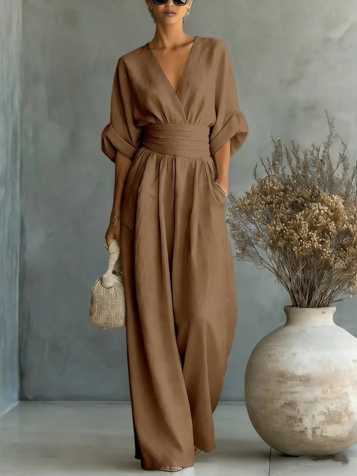 Women's Linen Wrap V-Neck Wide-Leg Jumpsuit