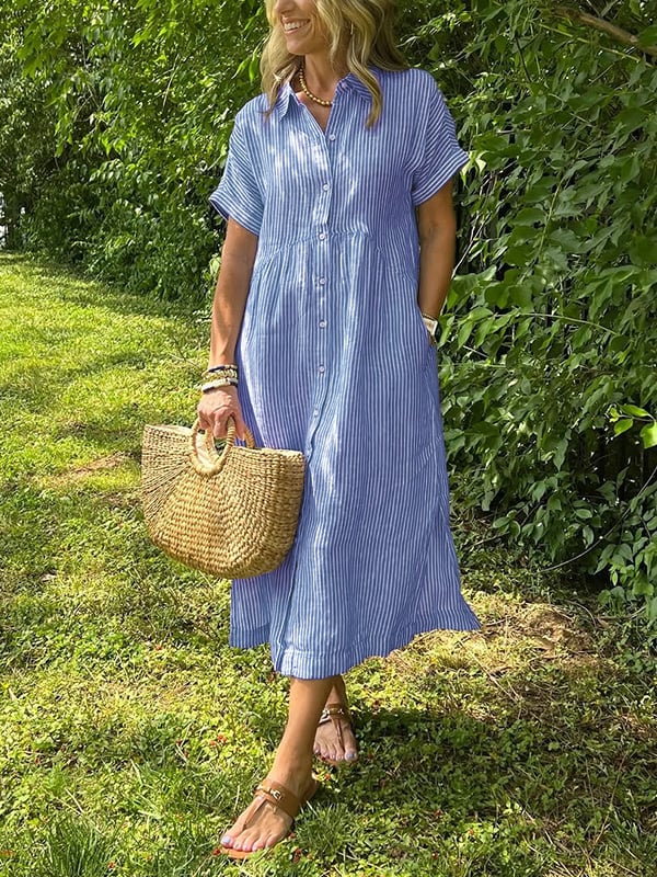 Women's Striped Linen Shirt Dress with Side Pockets